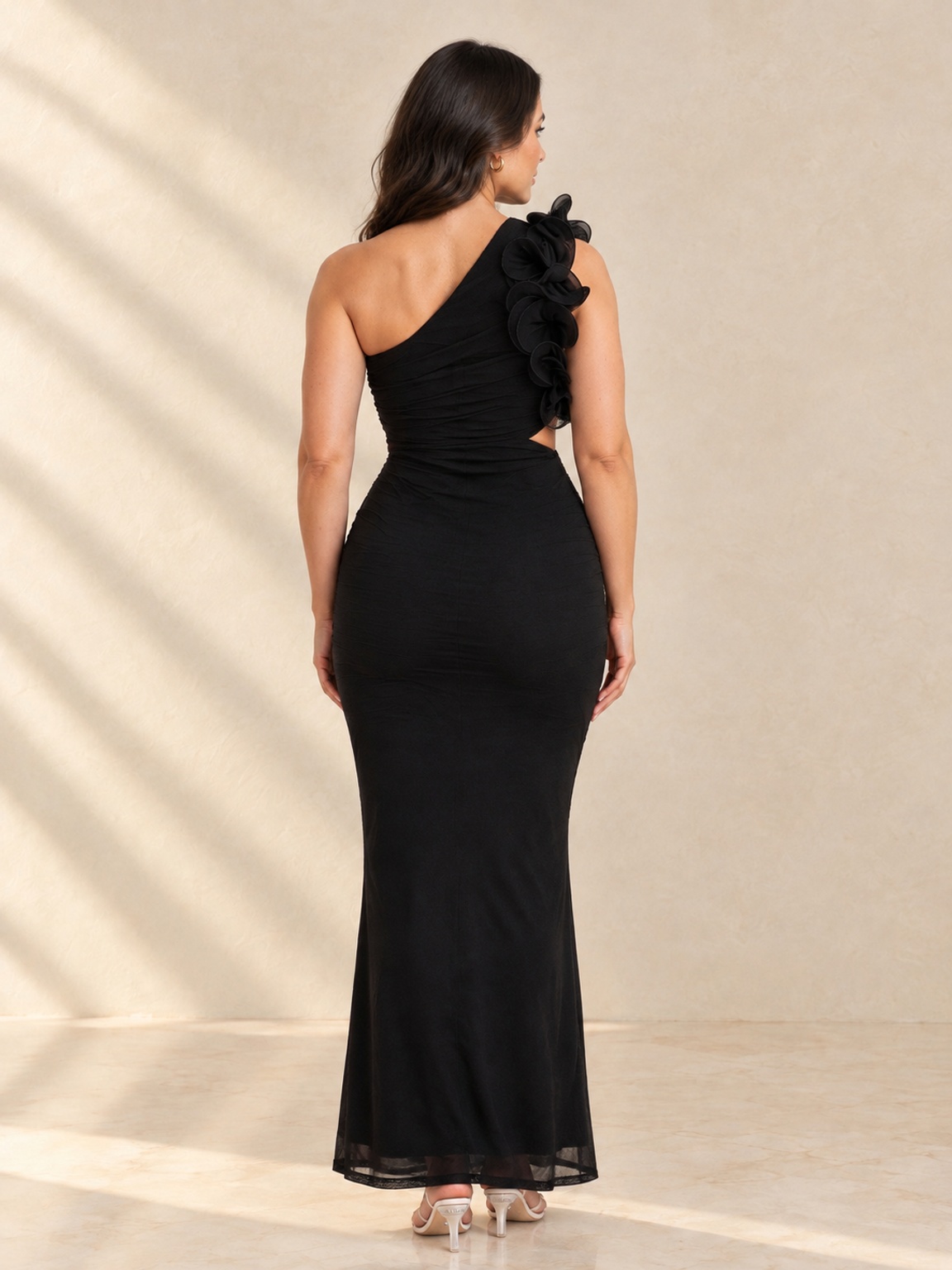 Black One-Shoulder Maxi Dress with Floral Detail