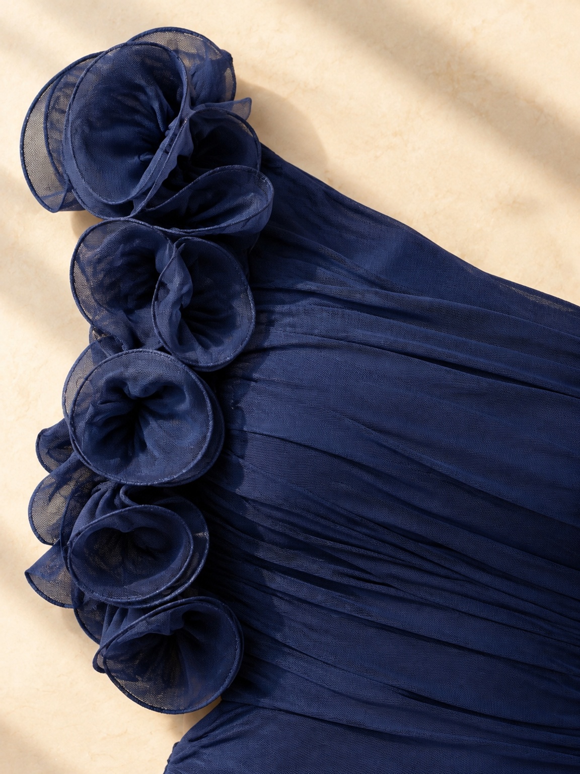 Navy Blue One-Shoulder Maxi Dress with Floral Embellishment