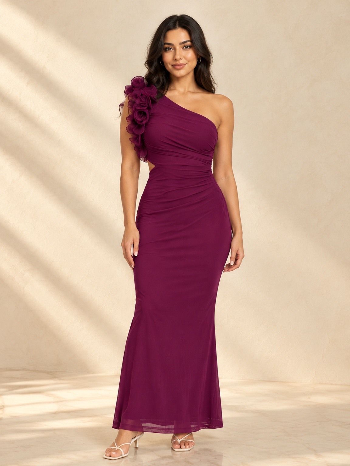 Burgundy One-Shoulder Bodycon Maxi Dress