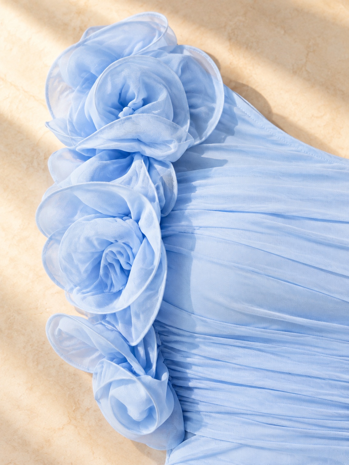 Sky Blue One-Shoulder Bodycon Maxi Dress with Floral Detail
