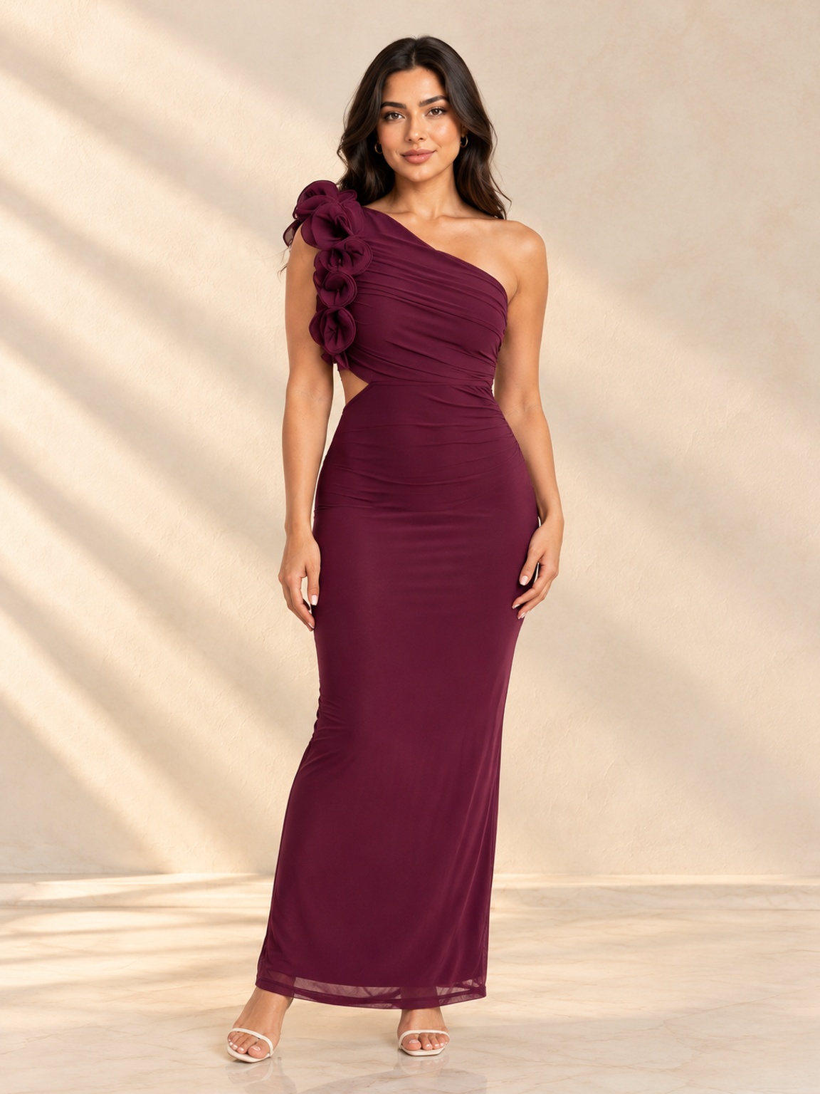 Burgundy Sleeveless Bodycon Maxi Dress with Floral Shoulder