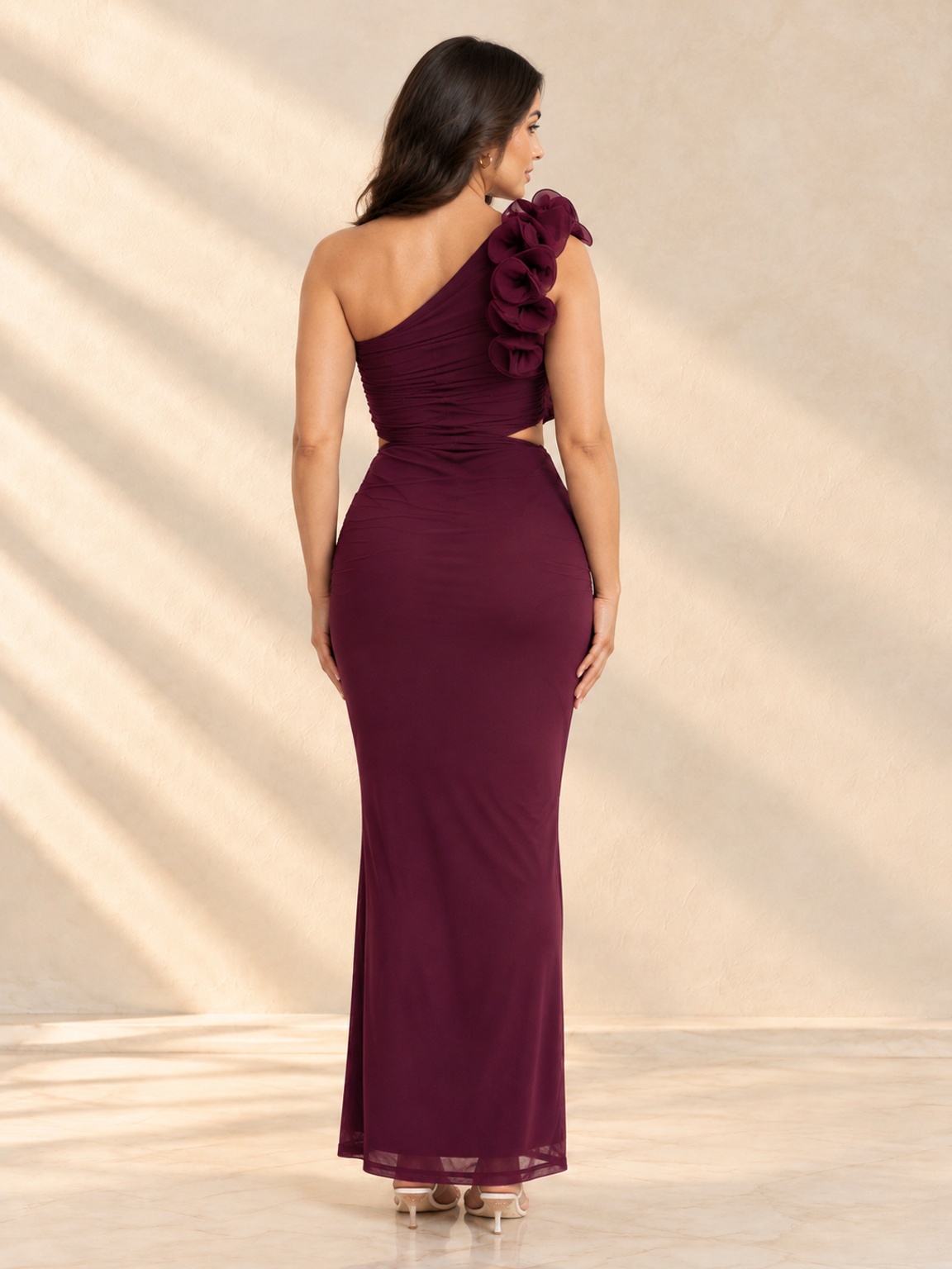 Burgundy Sleeveless Bodycon Maxi Dress with Floral Shoulder