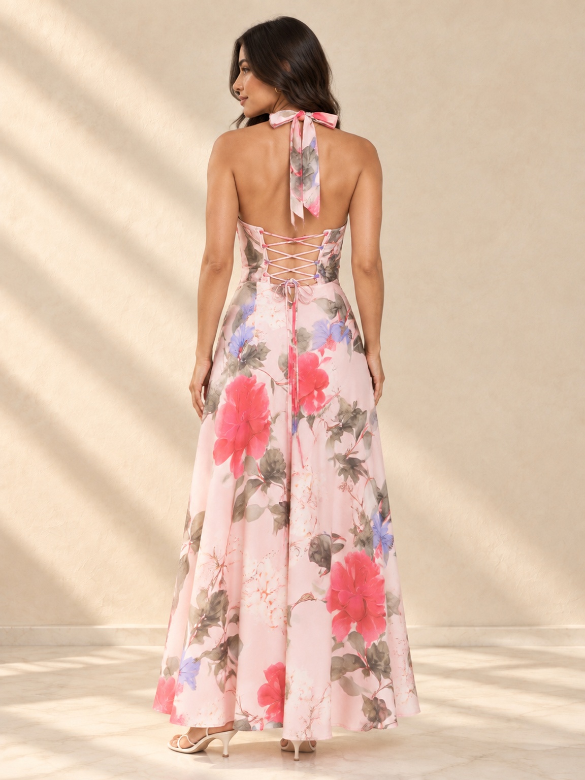 Pink Floral A-Line Halter Neck Maxi Dress