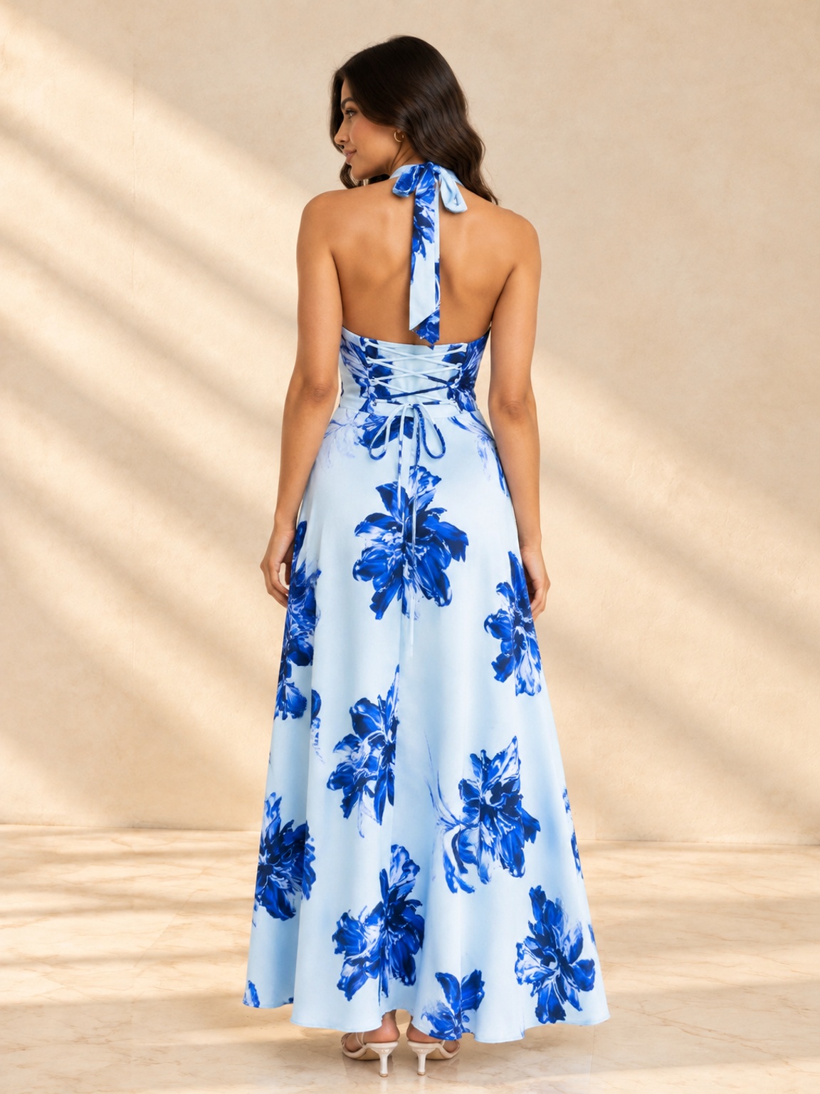 Blue Floral A-Line Maxi Dress - Sleeveless Halter Neck