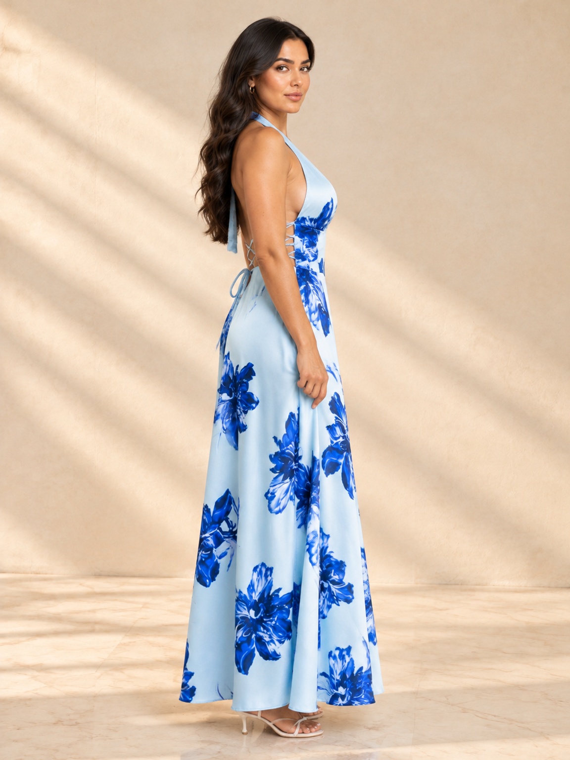 Blue Floral A-Line Maxi Dress - Sleeveless Halter Neck