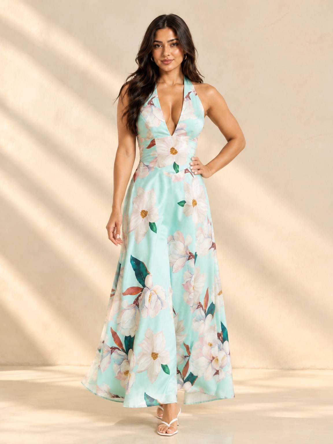 Blue Floral Halter Neck A-Line Maxi Dress