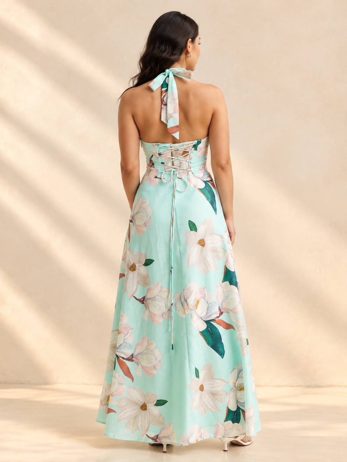 Blue Floral Halter Neck A-Line Maxi Dress