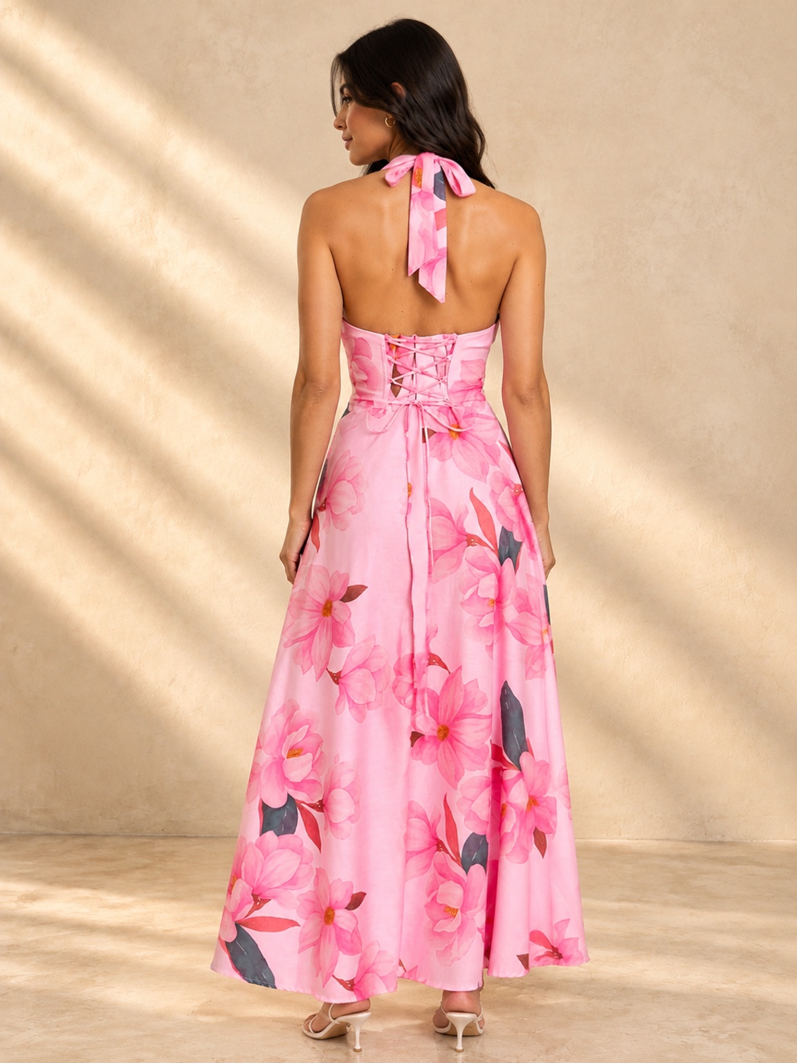 Pink Floral Sleeveless A-Line Maxi Dress