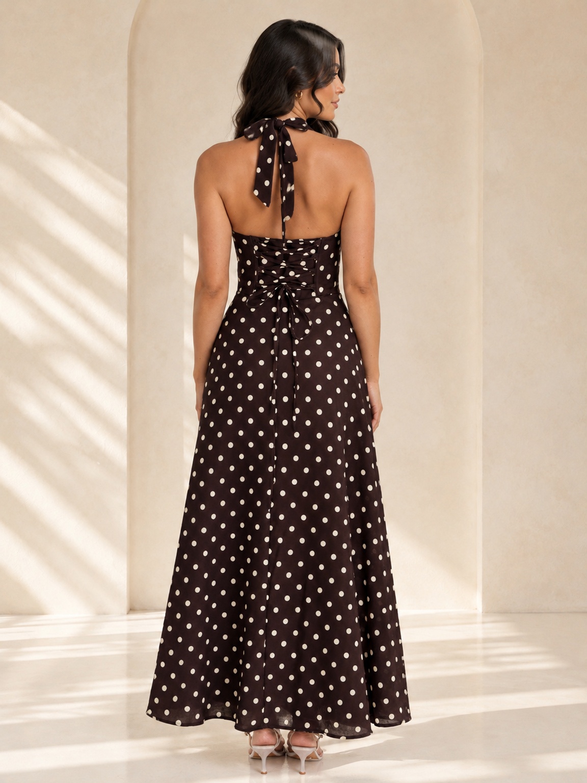 Brown Polka Dot Sleeveless Maxi Dress - A-Line Halter Neck
