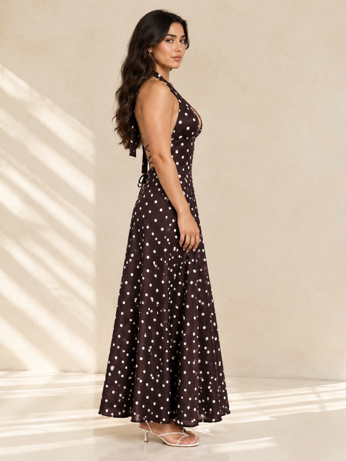 Brown Polka Dot Sleeveless Maxi Dress - A-Line Halter Neck