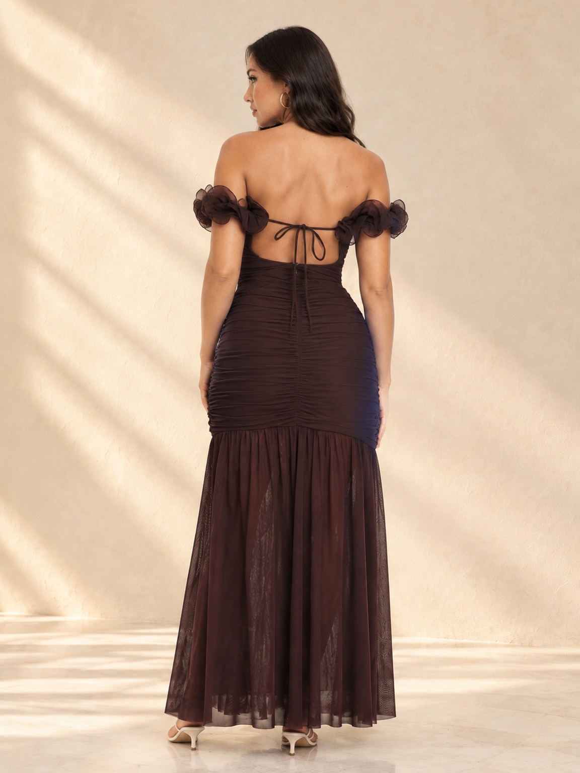 Brown Off-Shoulder Mermaid Maxi Dress