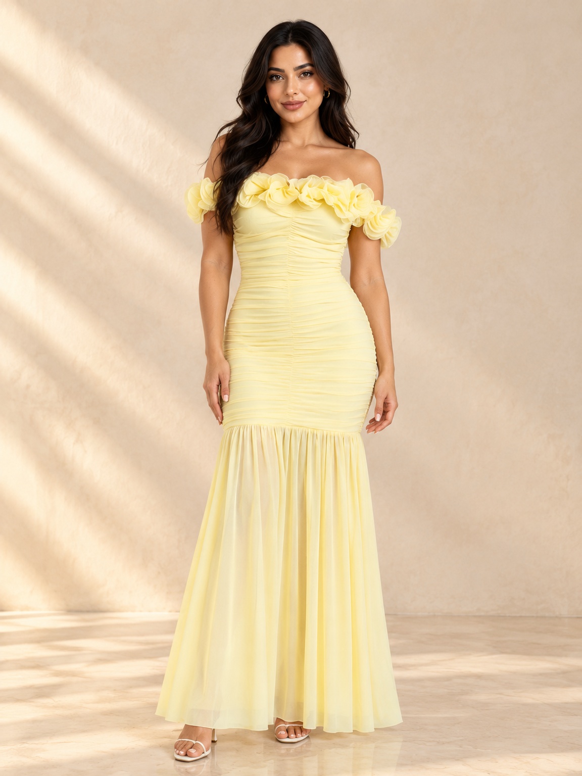 Yellow Mermaid Maxi Dress with Floral Off-Shoulder and Ruched Detail