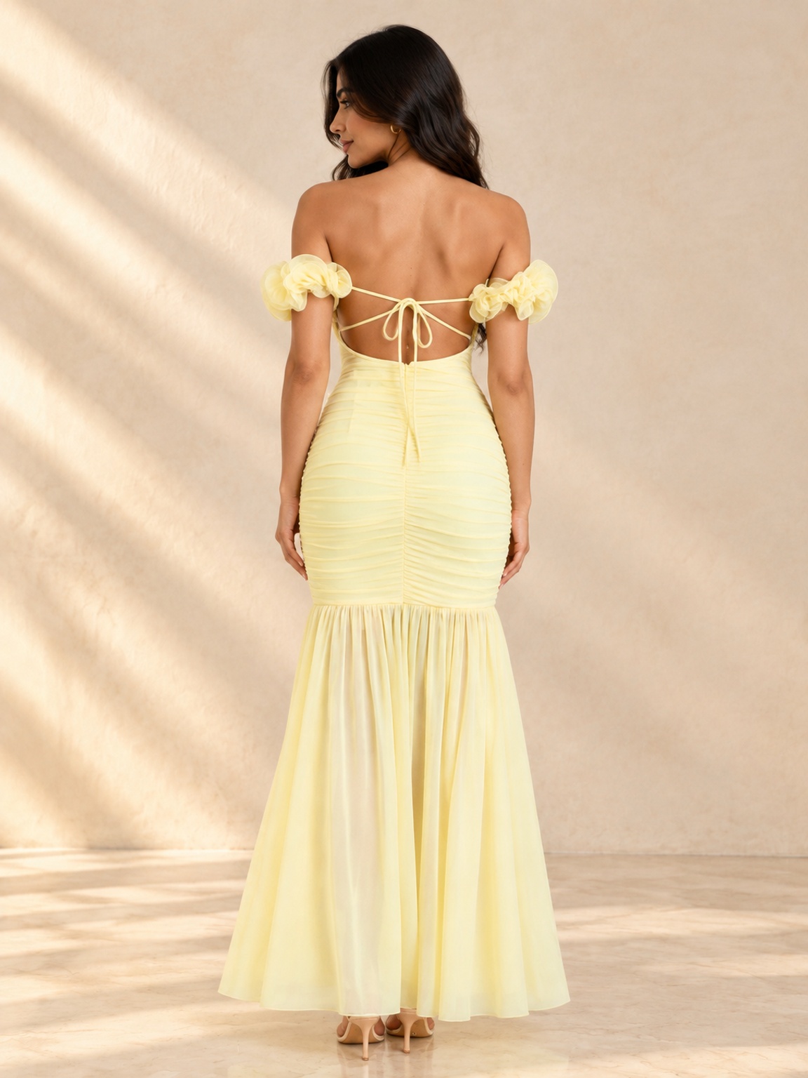 Yellow Mermaid Maxi Dress with Floral Off-Shoulder and Ruched Detail