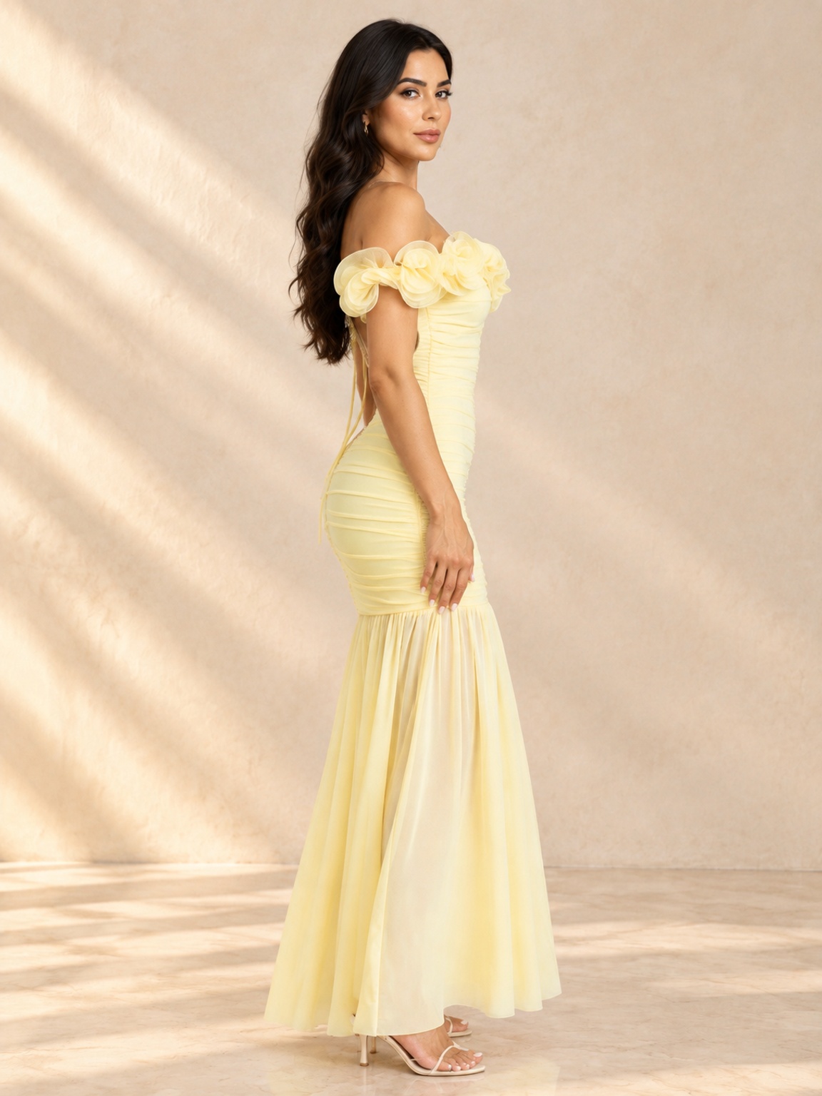 Yellow Mermaid Maxi Dress with Floral Off-Shoulder and Ruched Detail