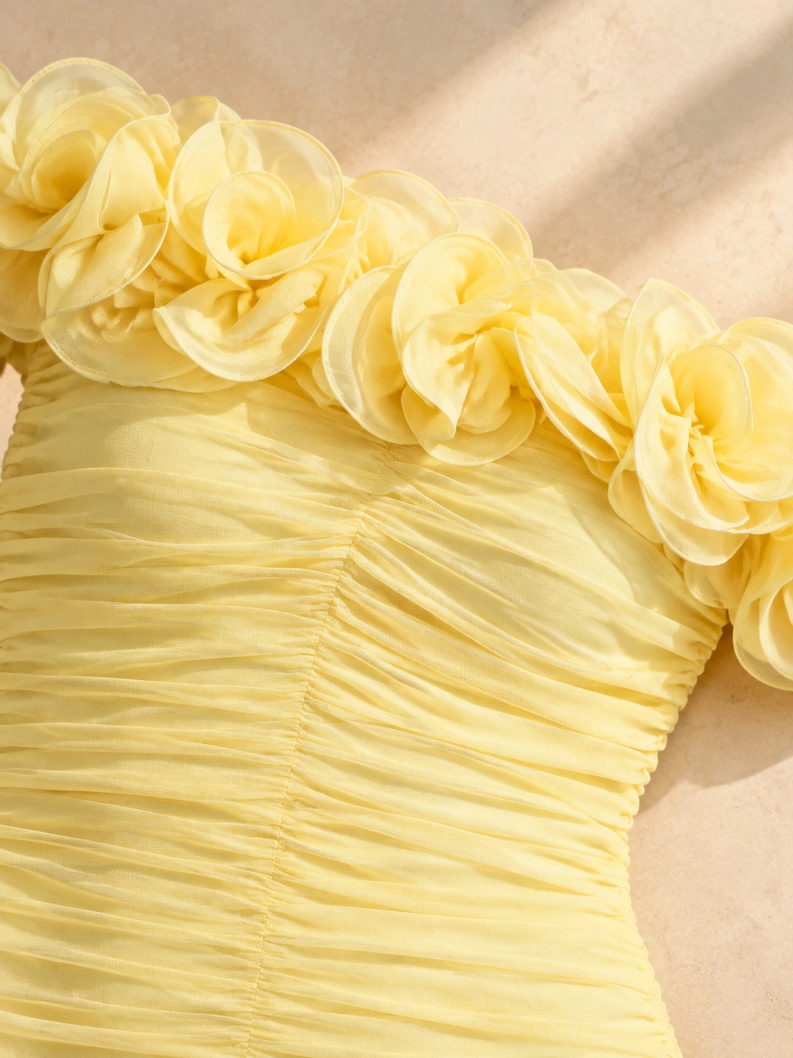 Yellow Mermaid Maxi Dress with Floral Off-Shoulder and Ruched Detail