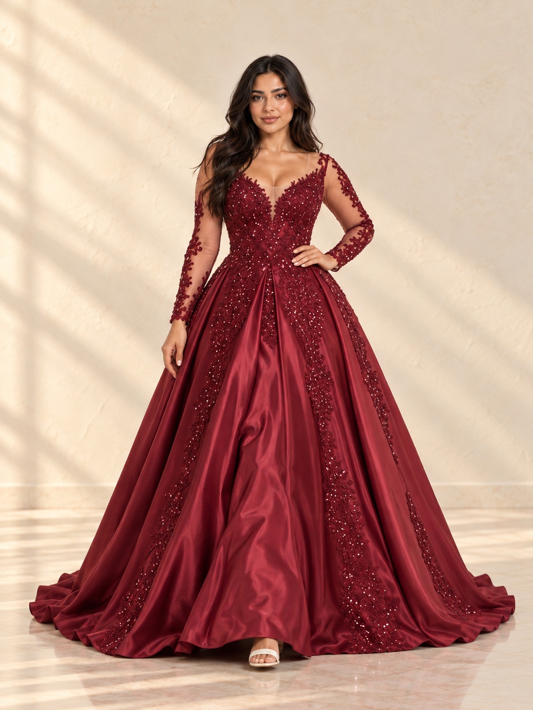 Burgundy Lace Maxi Gown with Long Sleeves