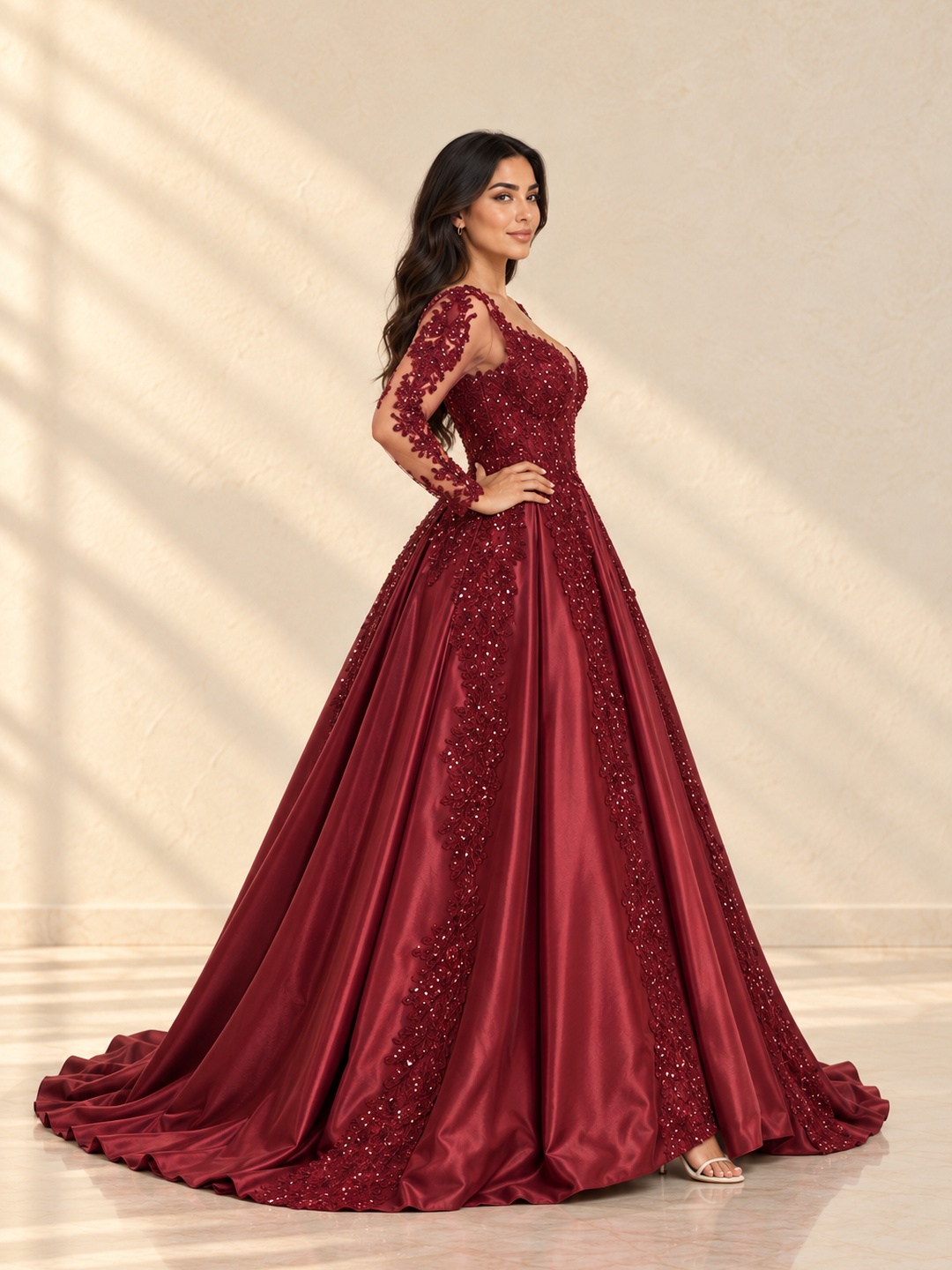 Burgundy Lace Maxi Gown with Long Sleeves