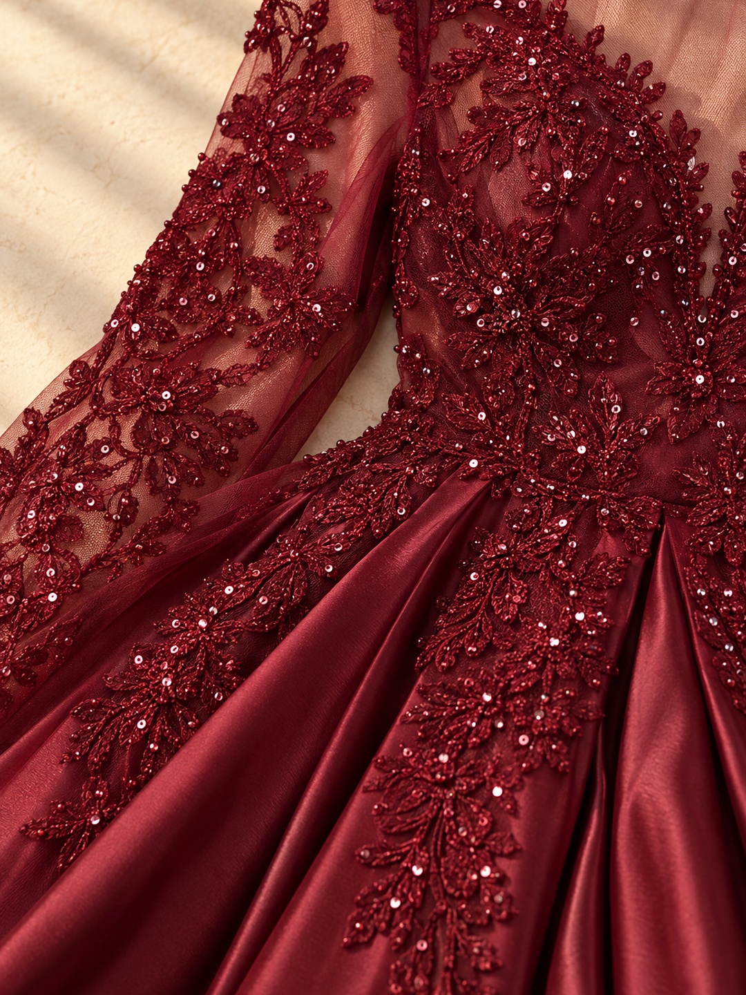 Burgundy Lace Maxi Gown with Long Sleeves