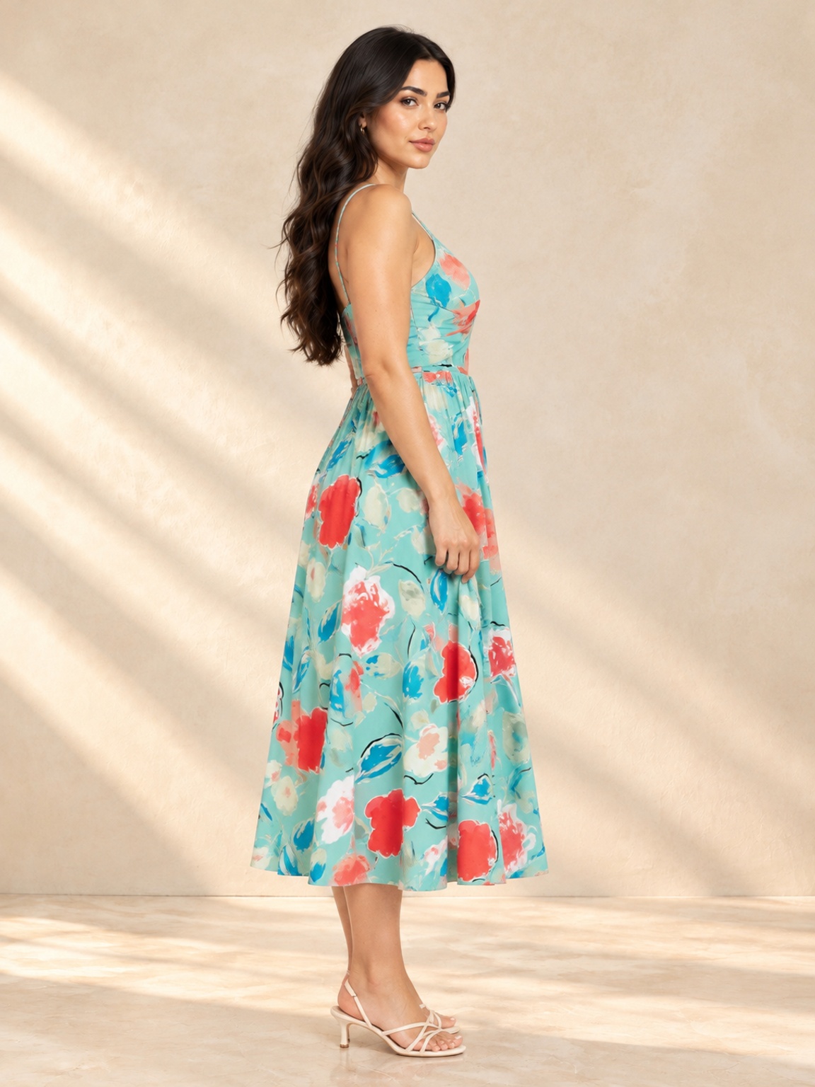 Floral Fit and Flare Midi Dress with Strappy Twist Front