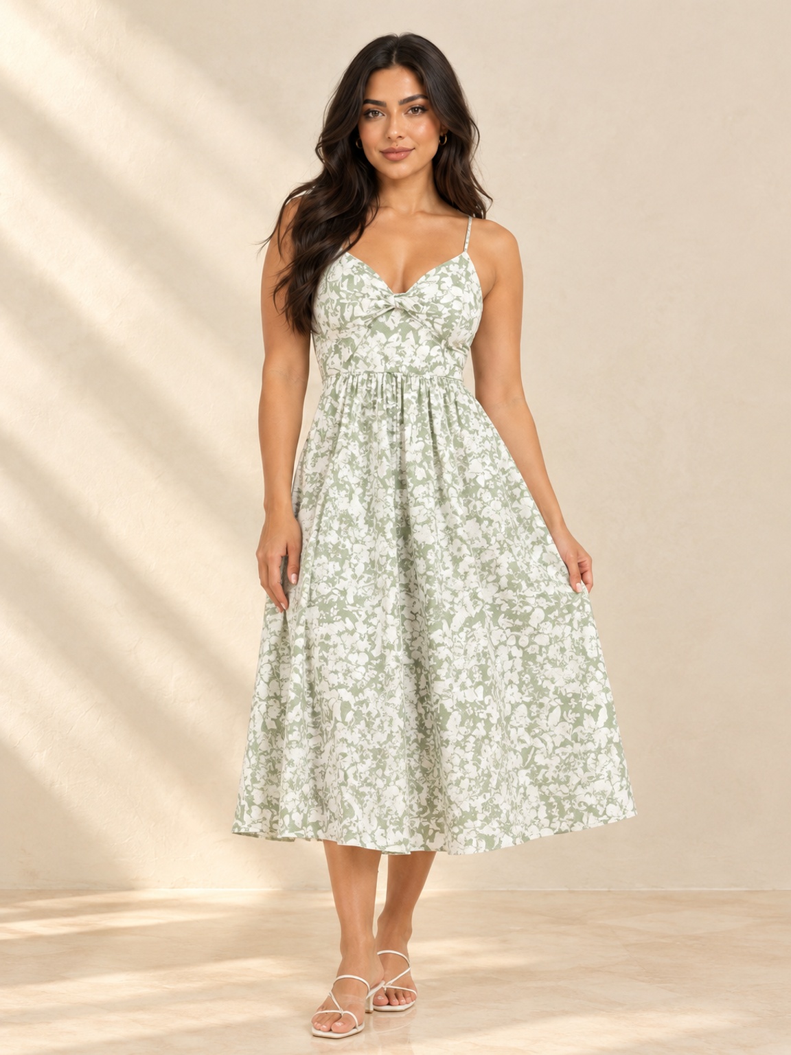 White and Sage Floral Midi Fit and Flare Dress