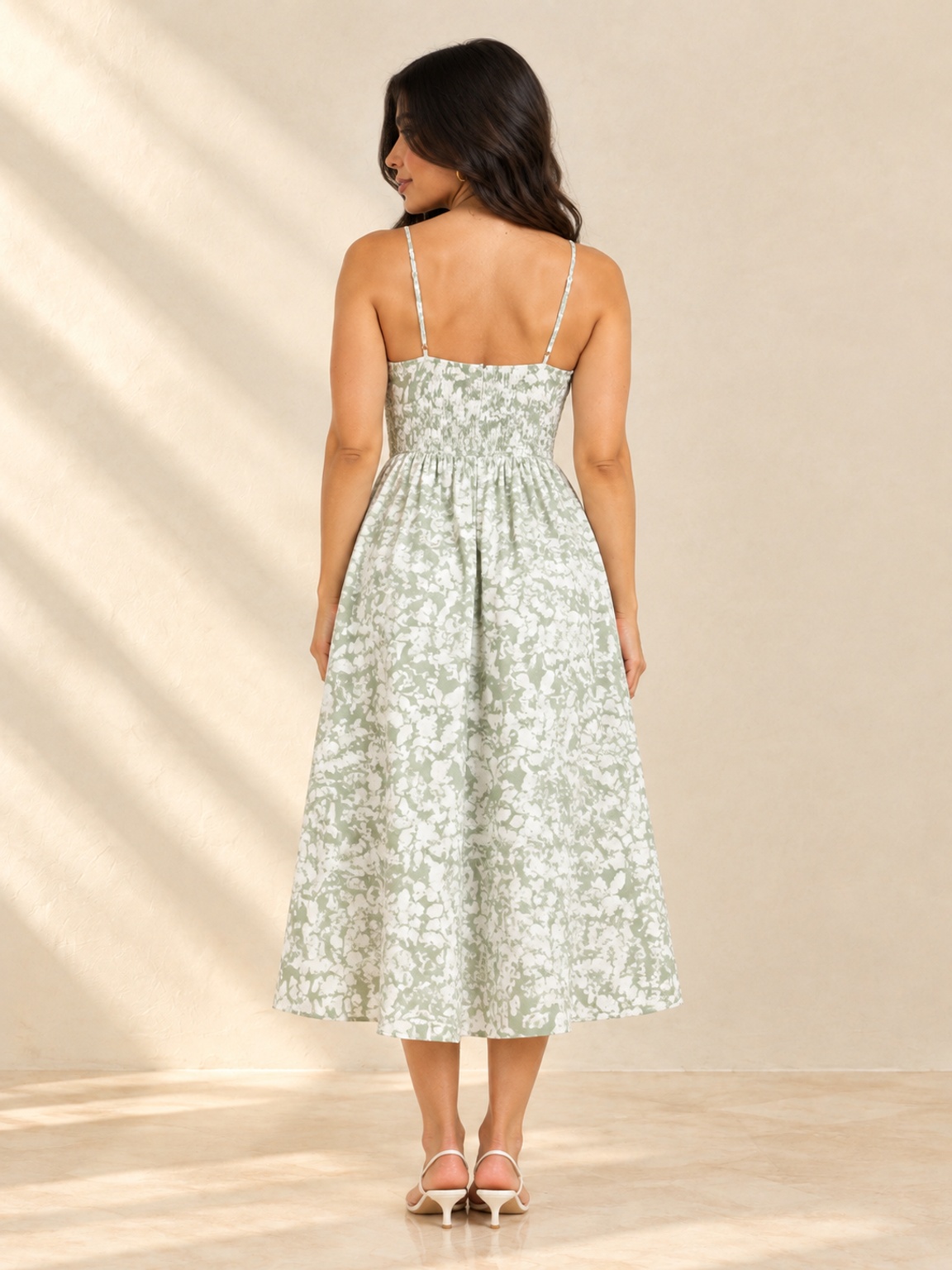 White and Sage Floral Midi Fit and Flare Dress