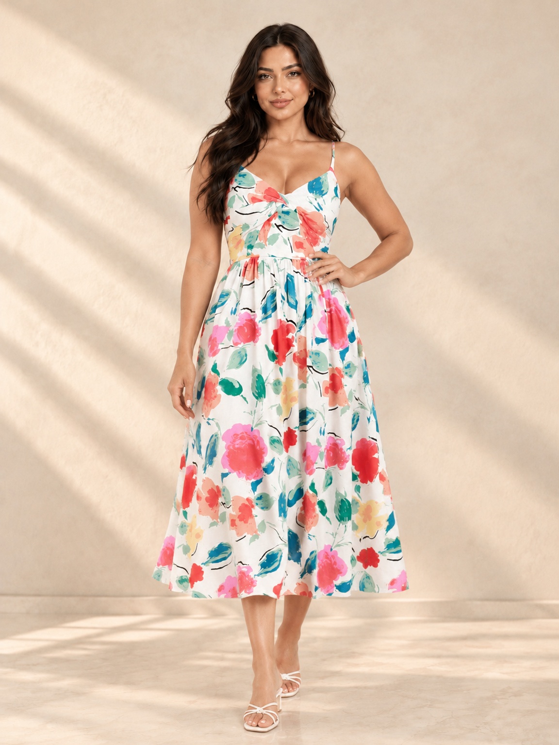 White Floral Print Fit and Flare Midi Dress with Strappy Neckline