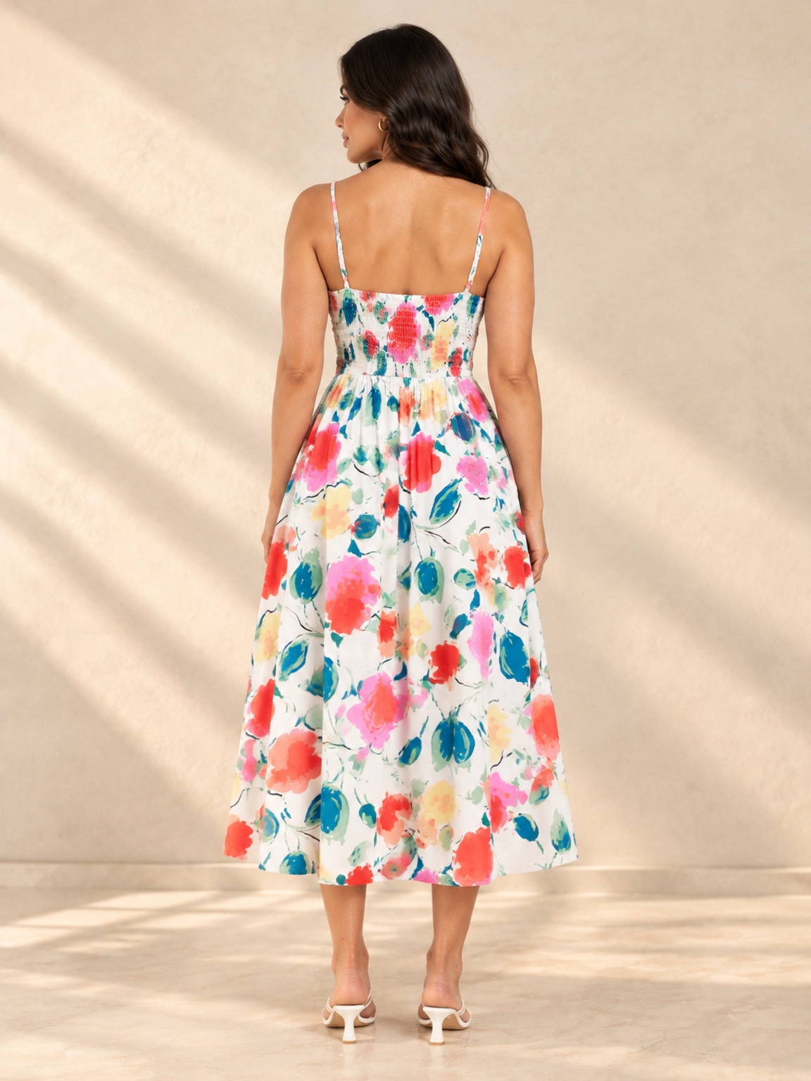 White Floral Print Fit and Flare Midi Dress with Strappy Neckline