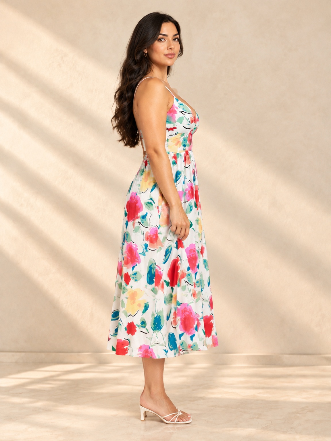 White Floral Print Fit and Flare Midi Dress with Strappy Neckline