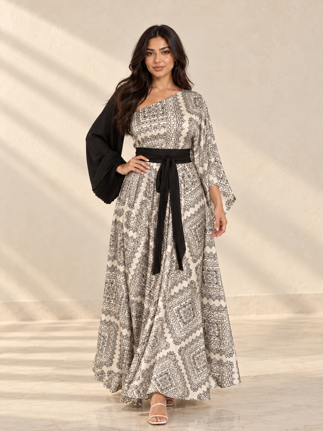 Geometric Print Asymmetric Maxi Dress with Long Sleeves and Belt