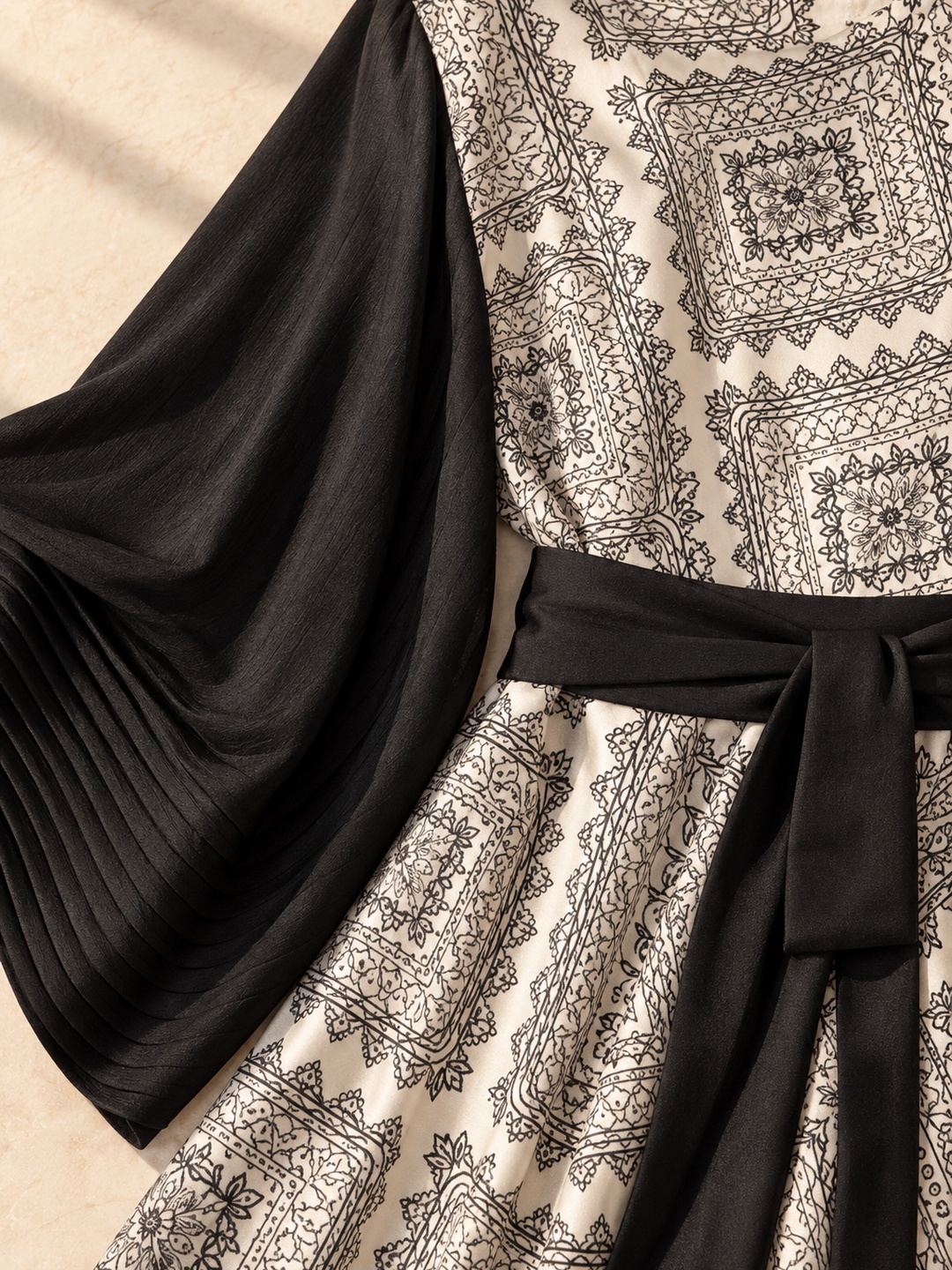 Geometric Print Asymmetric Maxi Dress with Long Sleeves and Belt