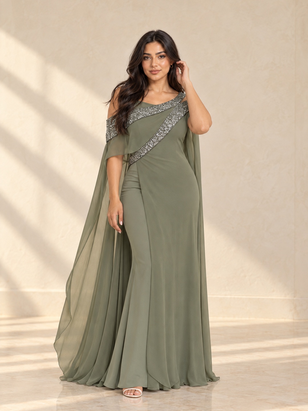 Olive Green Embellished Cape Maxi Dress