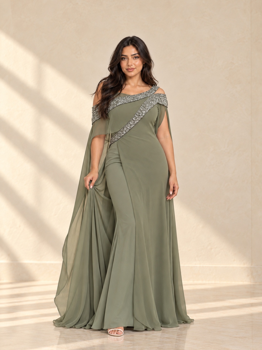 Olive Green Embellished Cape Maxi Dress