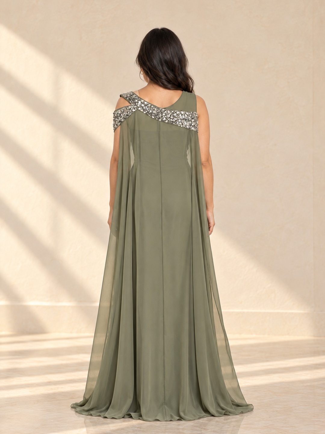 Olive Green Embellished Cape Maxi Dress