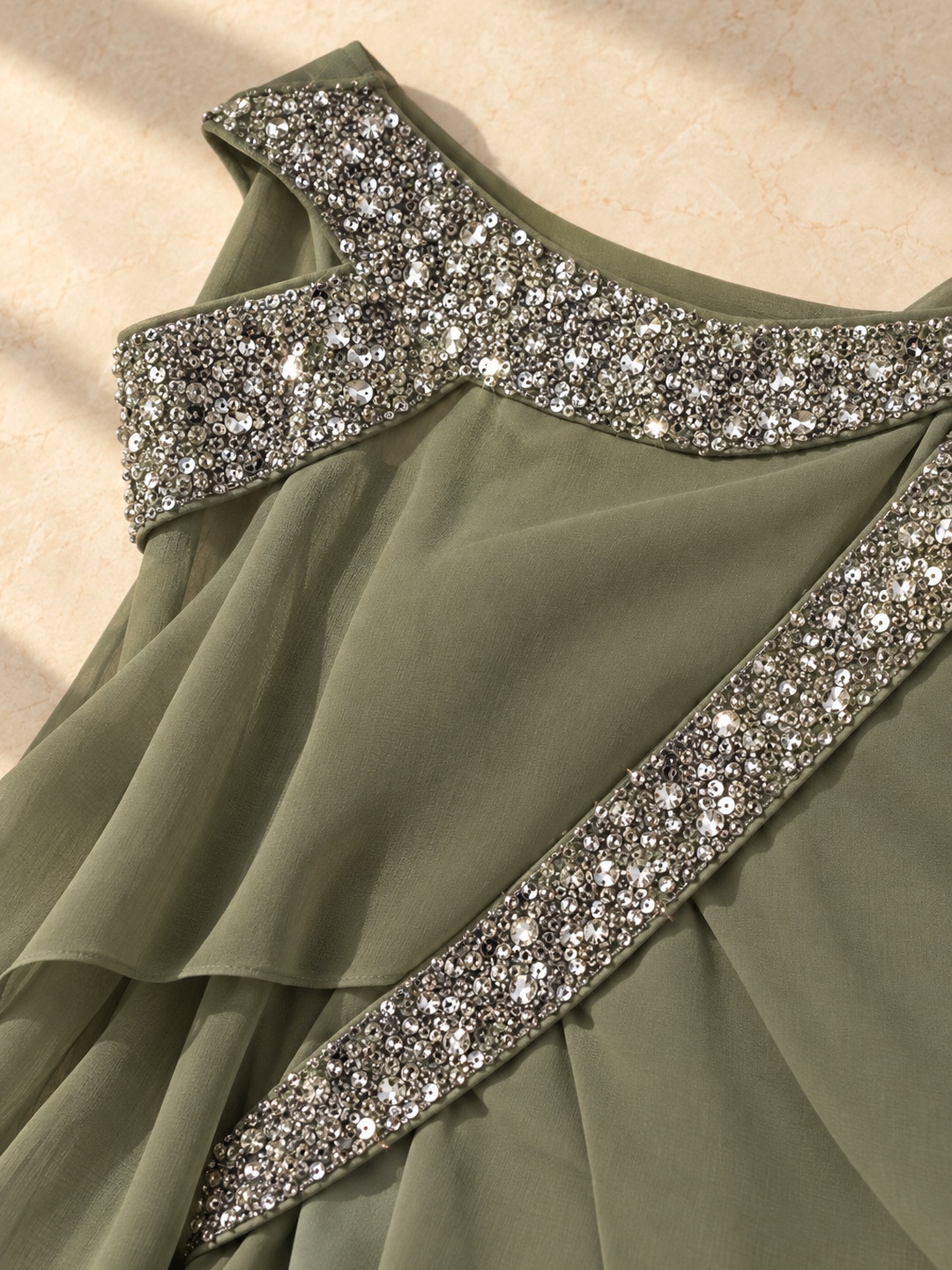 Olive Green Embellished Cape Maxi Dress