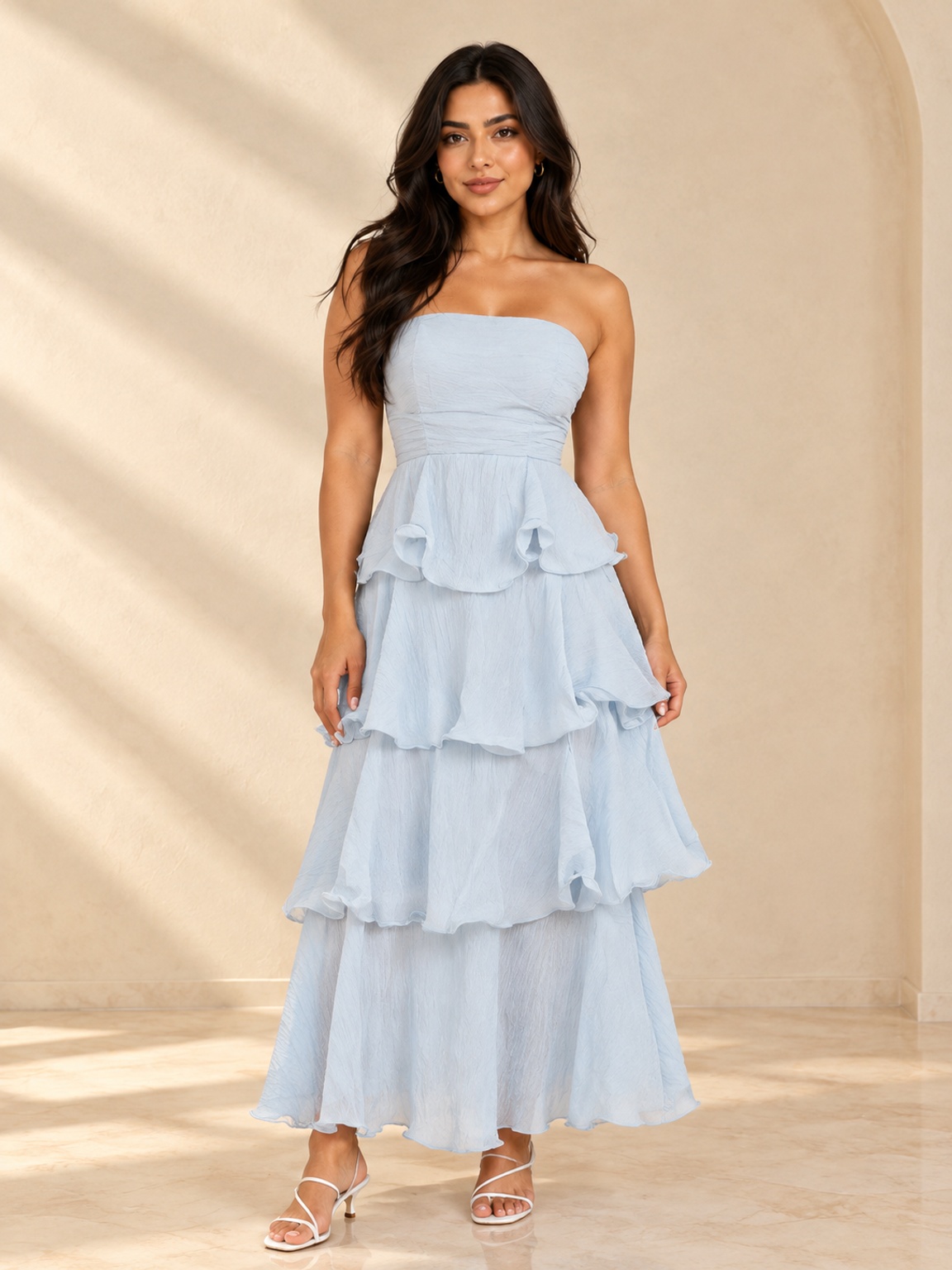 Sky Blue Strapless Tiered Maxi Dress