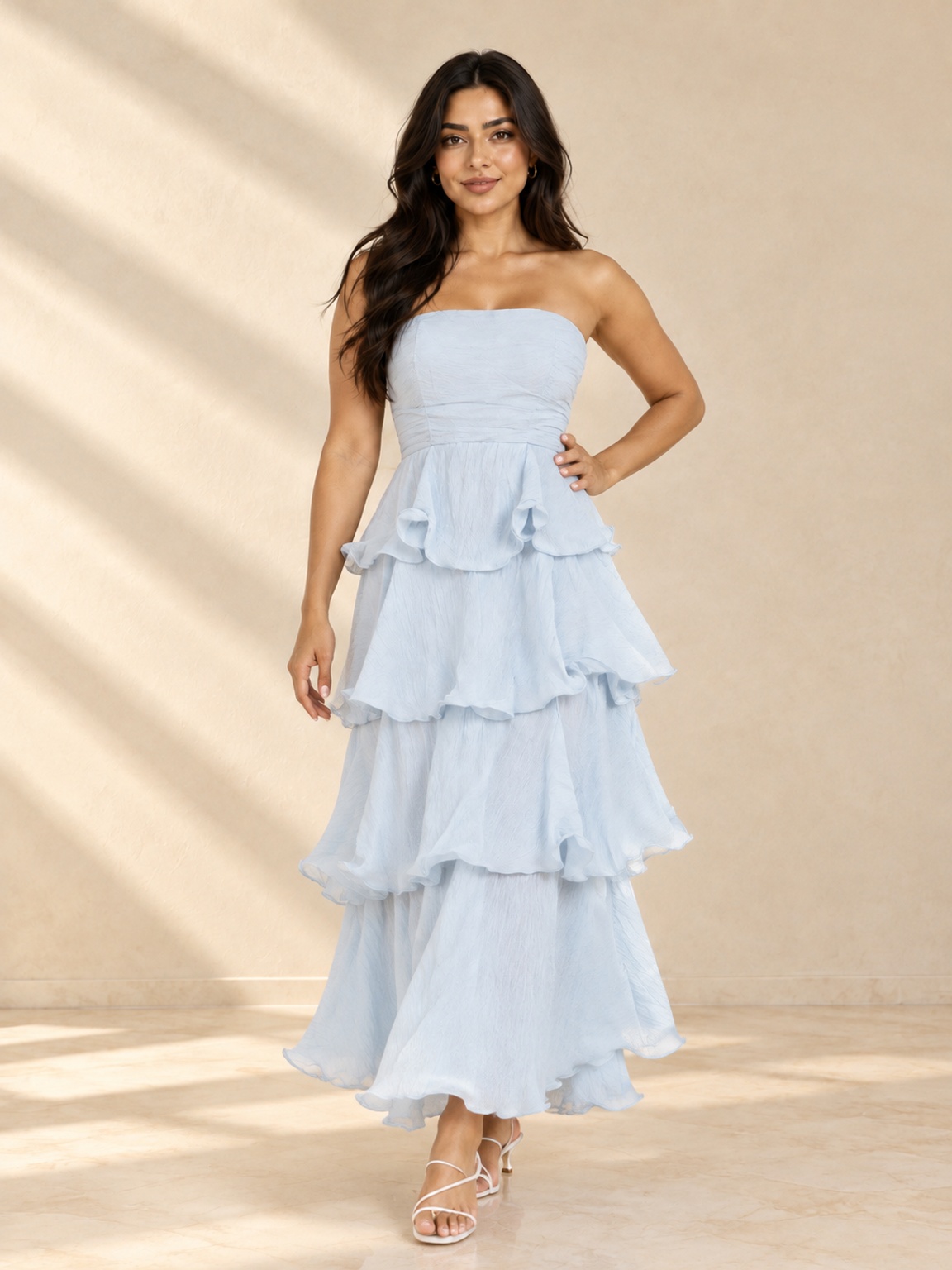 Sky Blue Strapless Tiered Maxi Dress