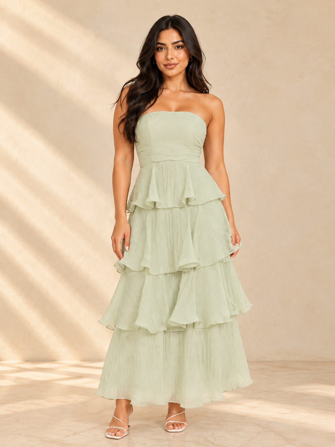 Sage Tiered Strapless Maxi Dress