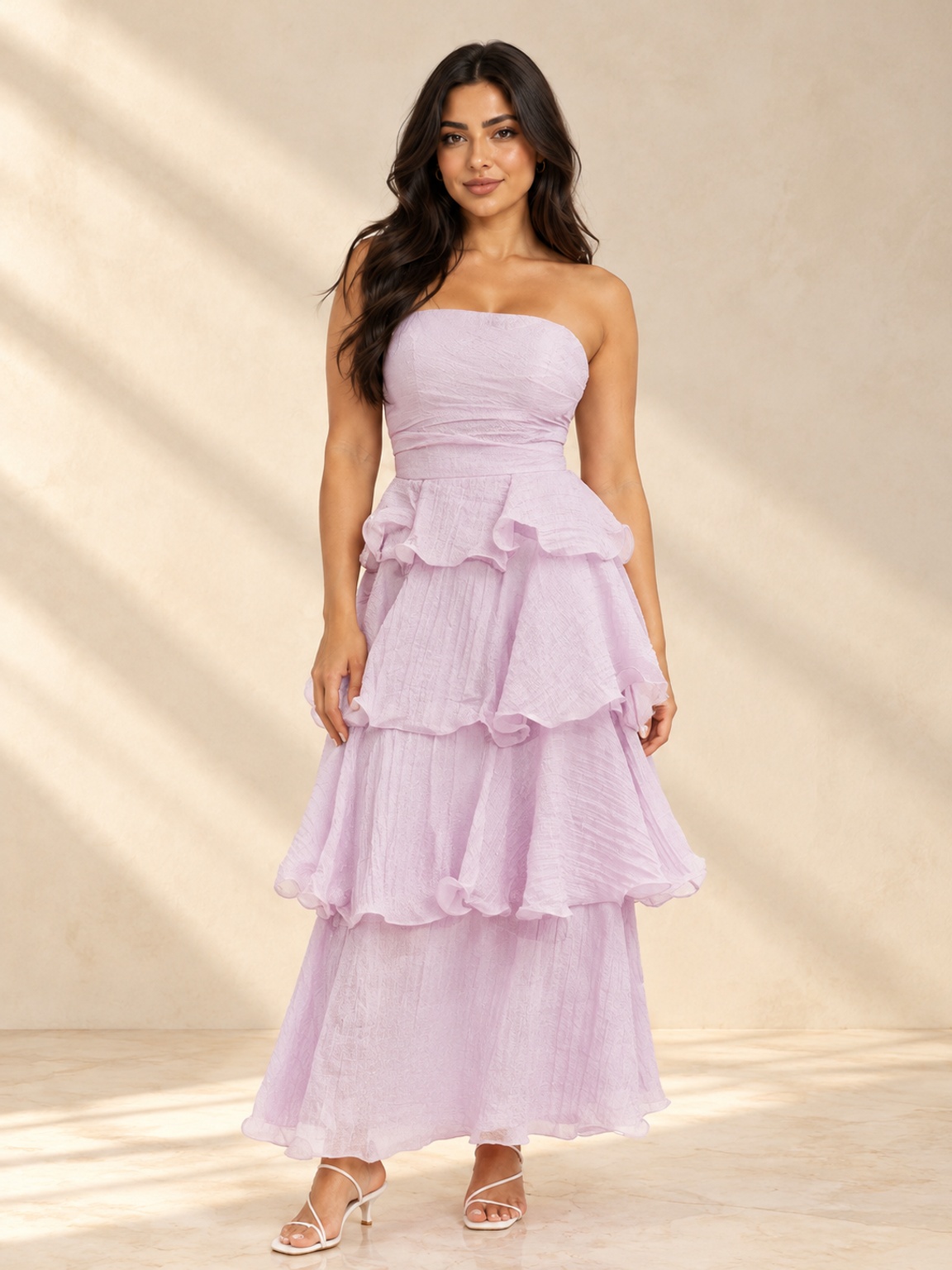 Purple Strapless Tiered Maxi Party Dress