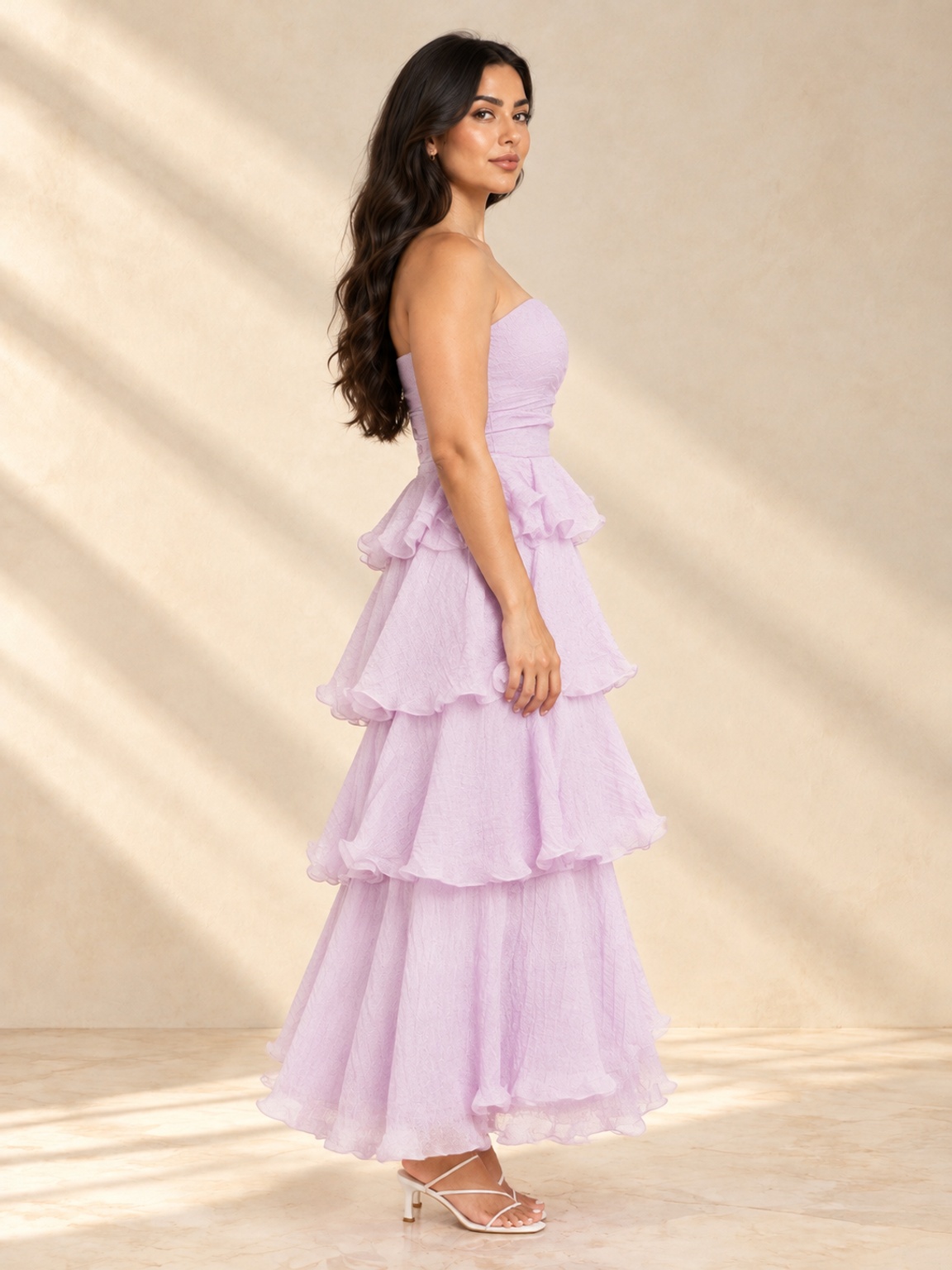 Purple Strapless Tiered Maxi Party Dress