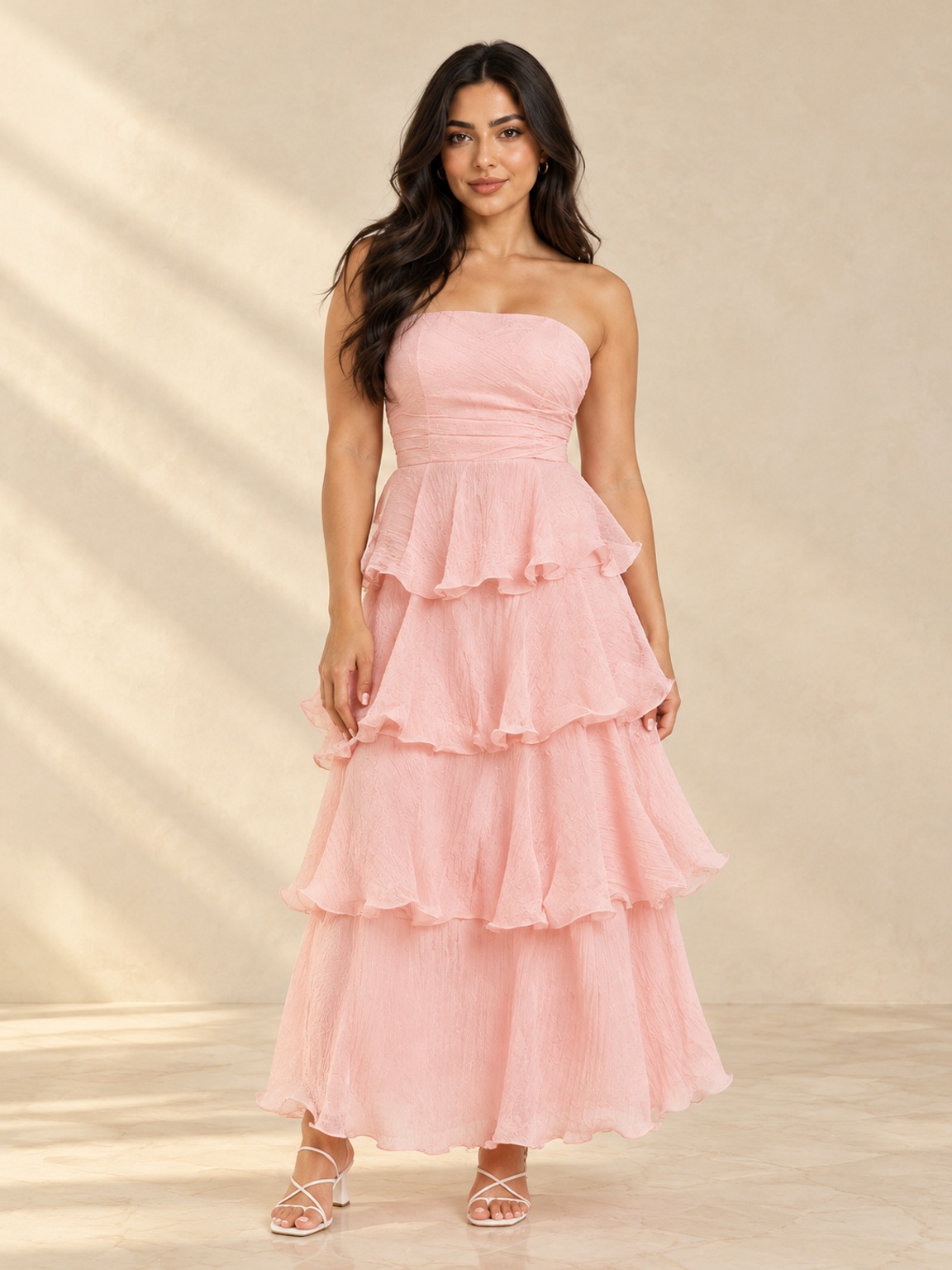 Pink Tiered Strapless Maxi Dress