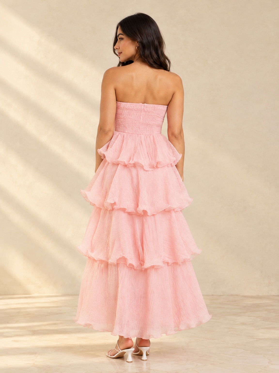 Pink Tiered Strapless Maxi Dress