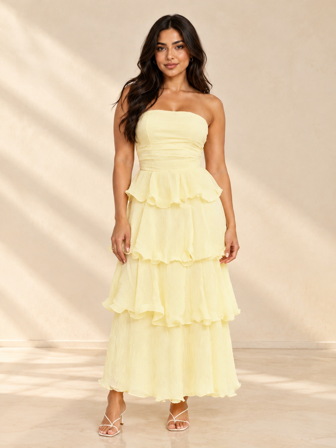 Yellow Strapless Tiered Maxi Dress
