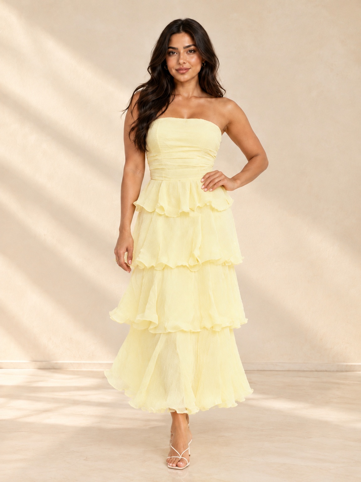 Yellow Strapless Tiered Maxi Dress