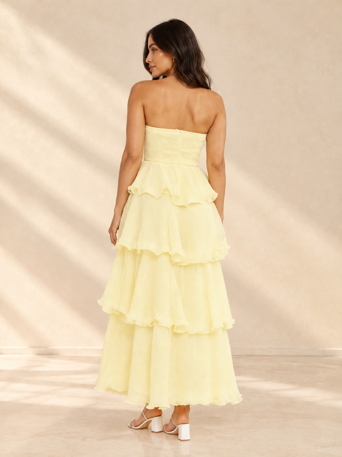 Yellow Strapless Tiered Maxi Dress