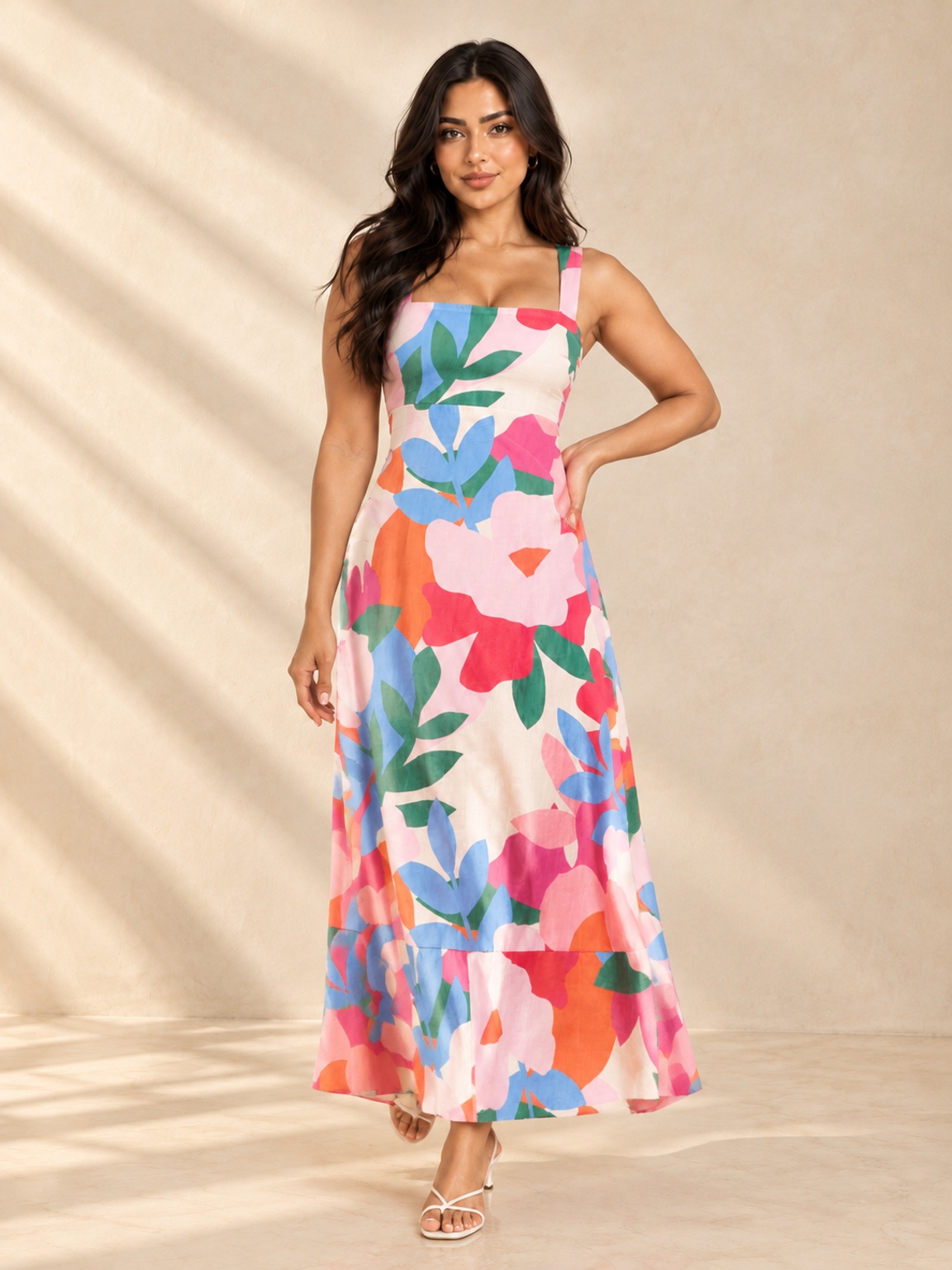 Vibrant Floral Maxi Dress - Sleeveless Fit and Flare