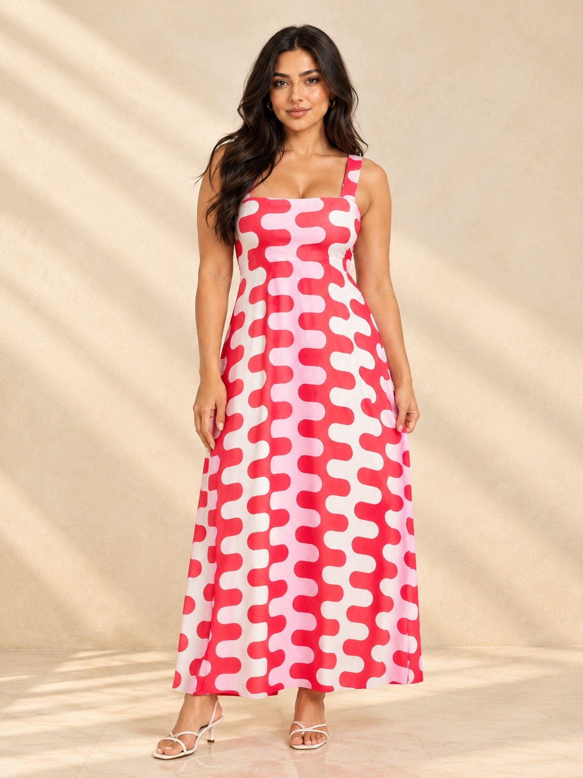 Geometric Wave Print Sleeveless Maxi Dress