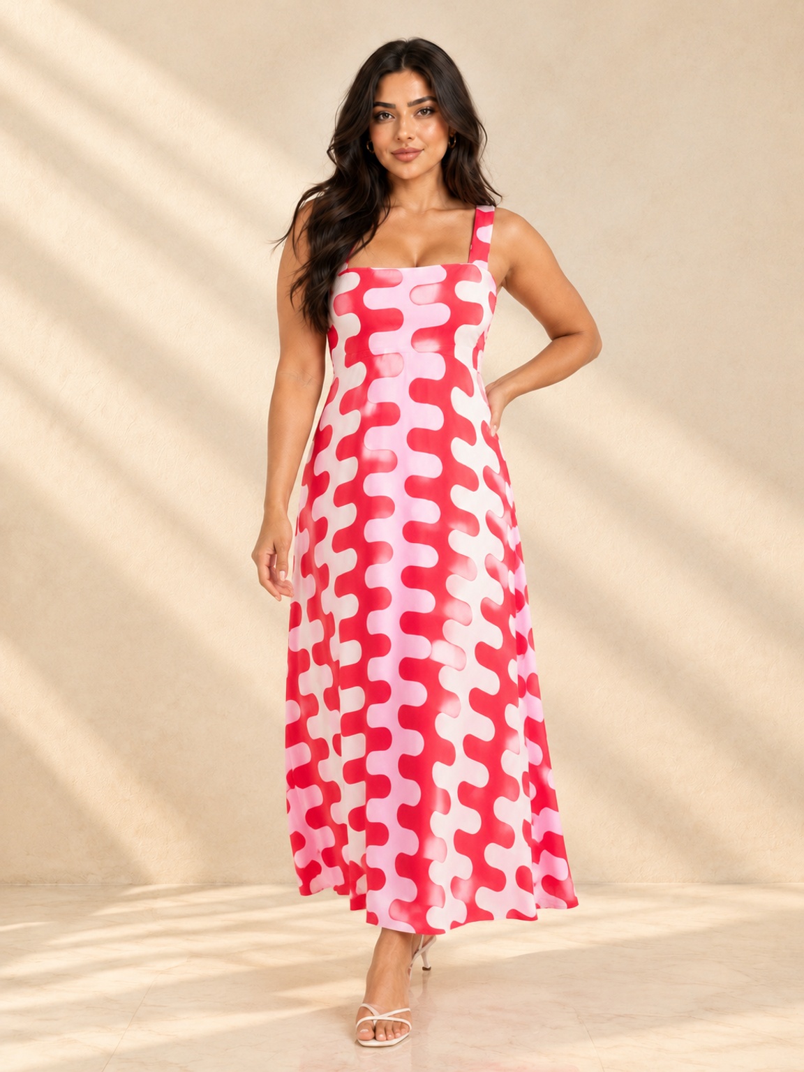 Geometric Wave Print Sleeveless Maxi Dress