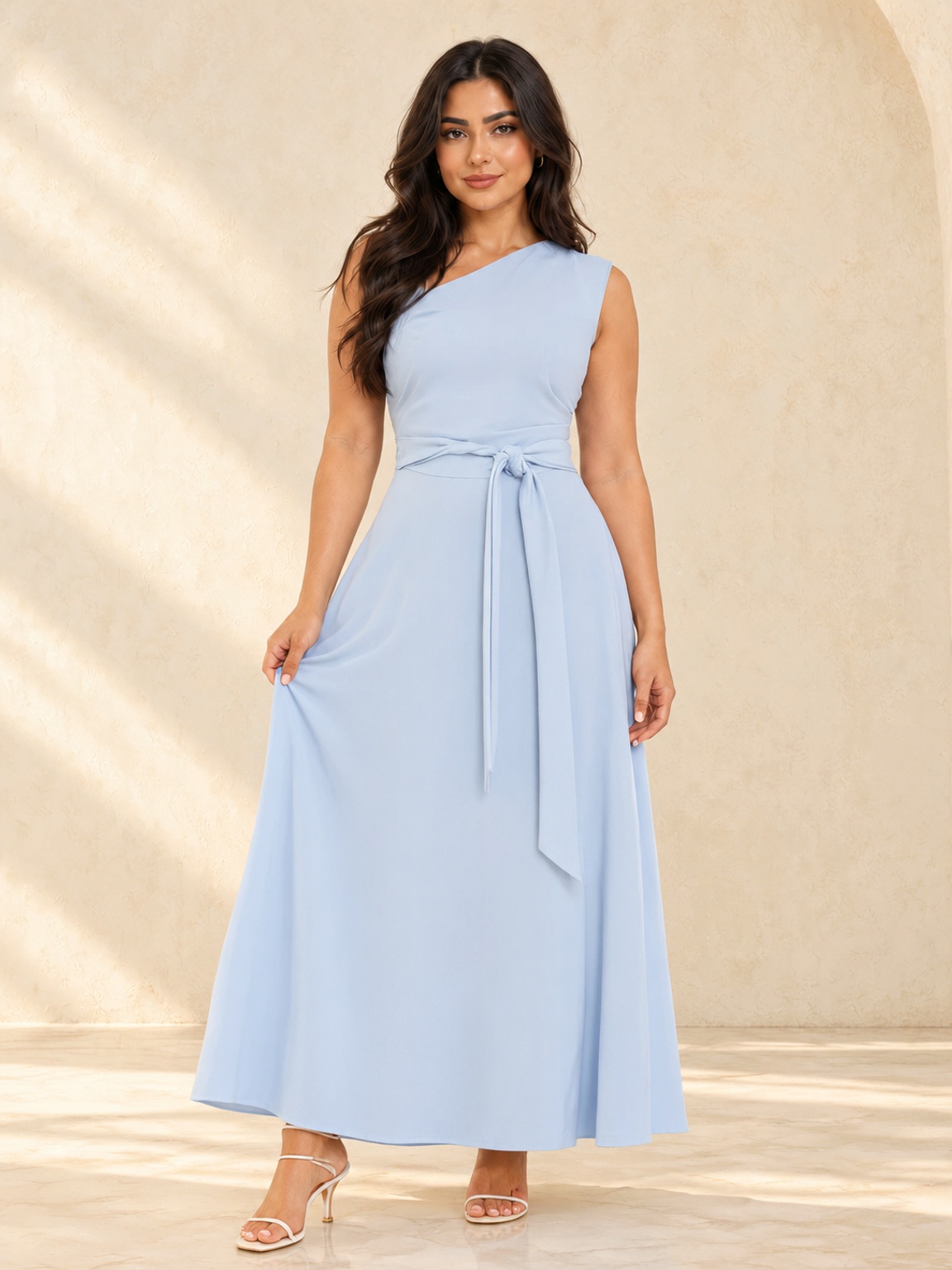 Blue One-Shoulder Maxi Dress with Tie Waist