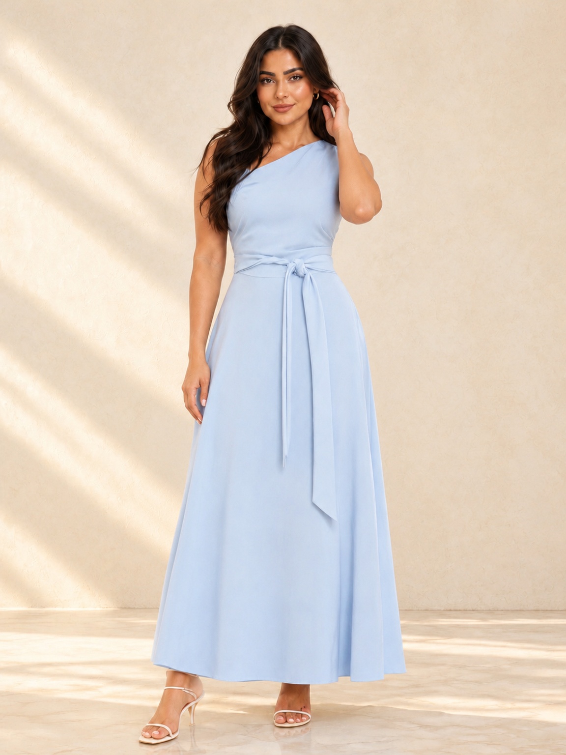 Blue One-Shoulder Maxi Dress with Tie Waist