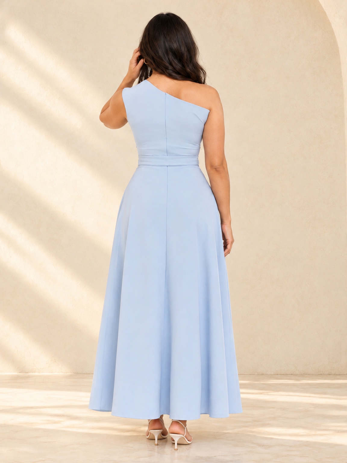 Blue One-Shoulder Maxi Dress with Tie Waist